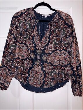 Veronica Beard Navy Paisley V-Neck Blouse
